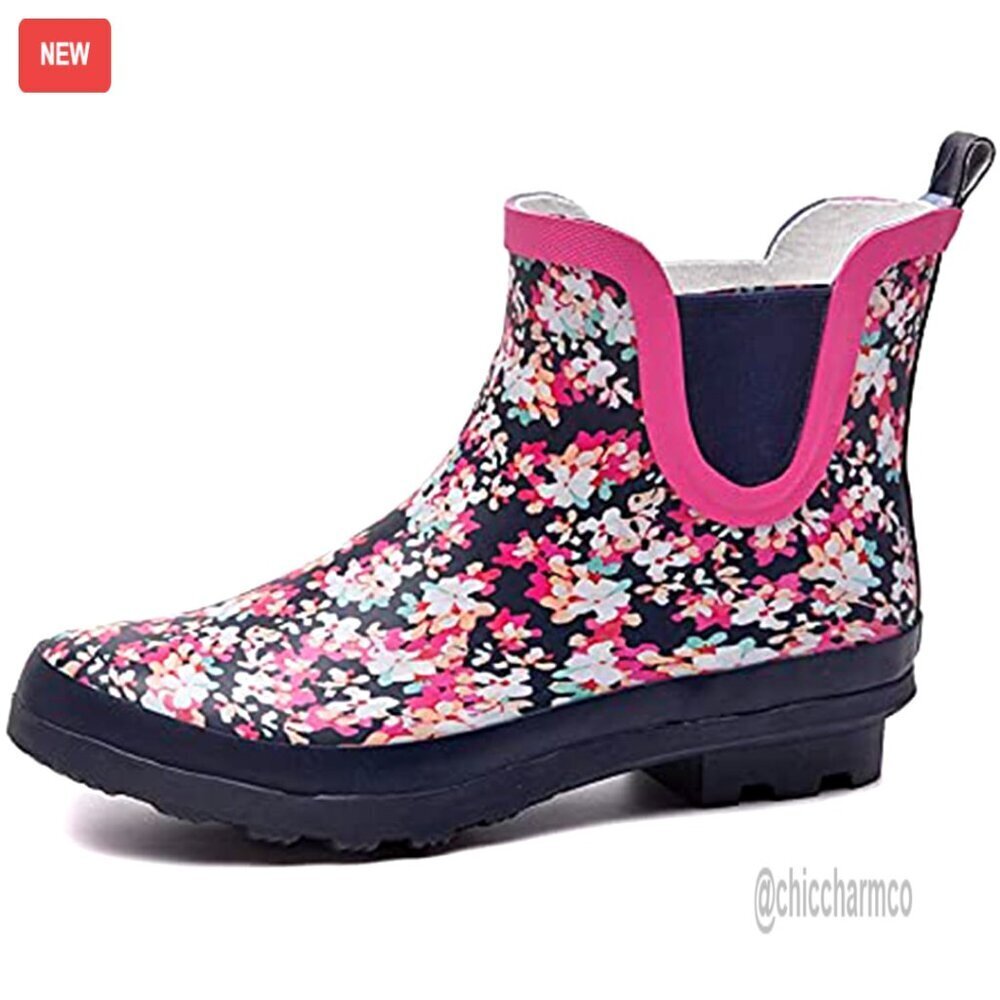 Floral Printed Rain Boots Women's Waterproof Ankle Garden Shoes Anti-Slip